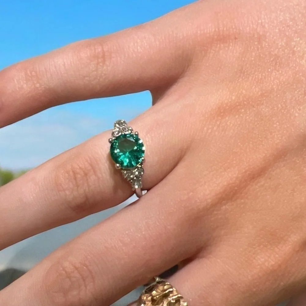 Seawater Blue Zircon Ring Round Cut Silver Tone Engagement Style Statement Ring